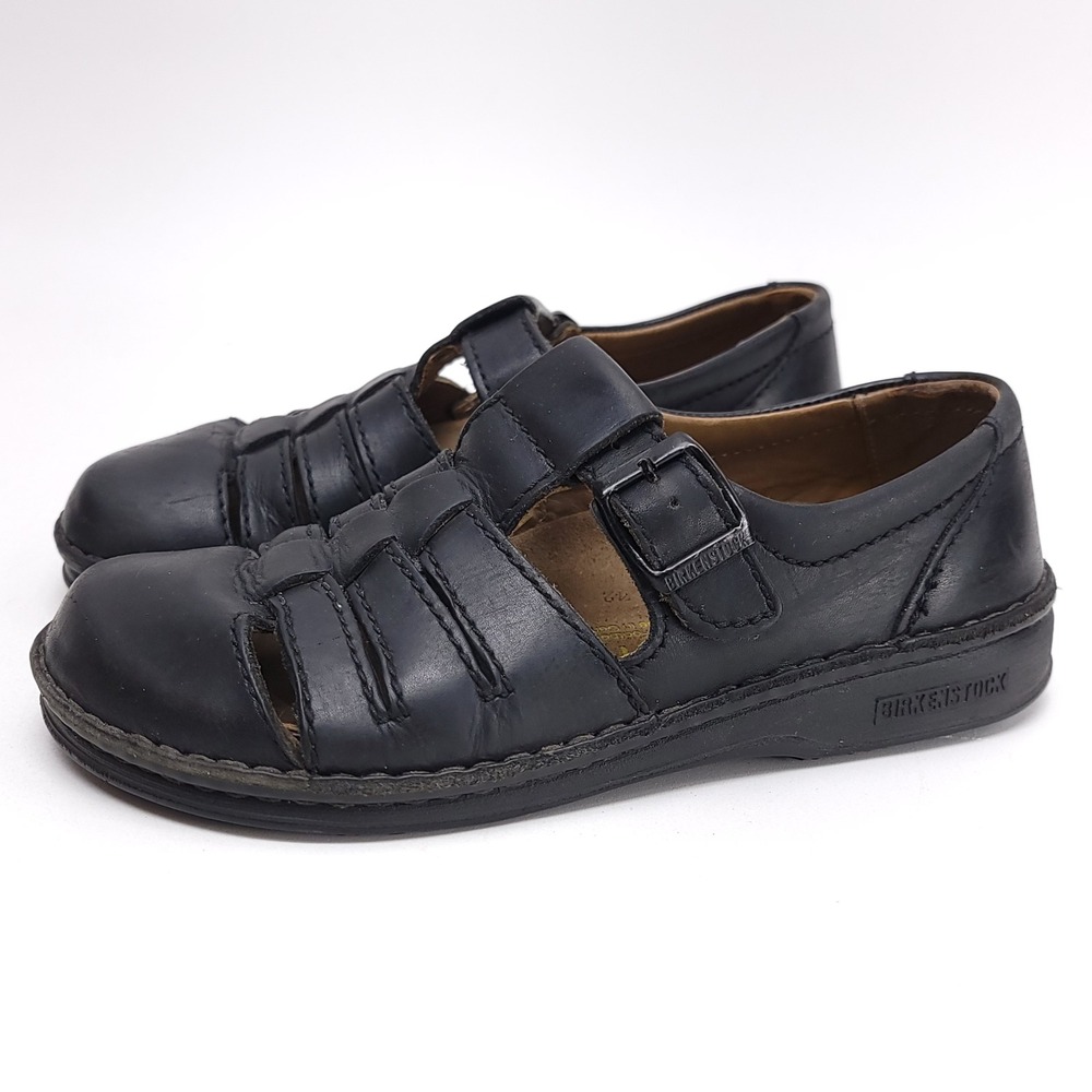 Birkenstock Footprints Black Leather Fisherman Sandals Cage Toe Shoes Womens 38